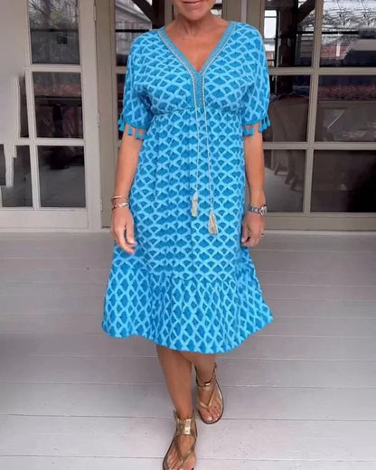 🔥V-neck Tassel Edge Sleeve Print Midi Dress
