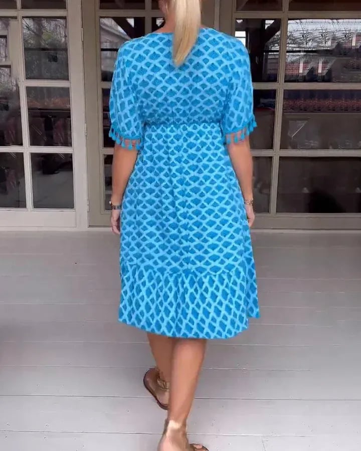 🔥V-neck Tassel Edge Sleeve Print Midi Dress