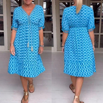 🔥V-neck Tassel Edge Sleeve Print Midi Dress